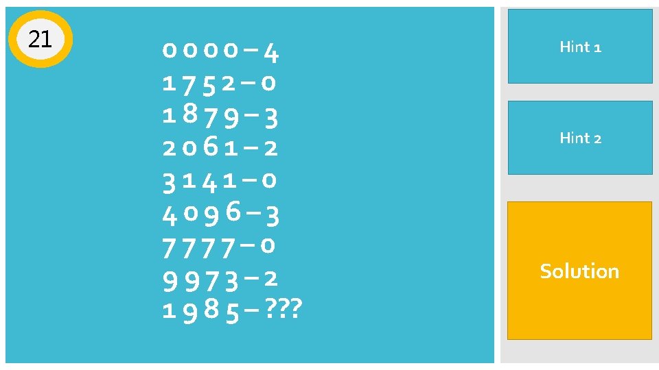 21 0000– 4 1752– 0 1879– 3 2061– 2 3141– 0 4096– 3 7777–