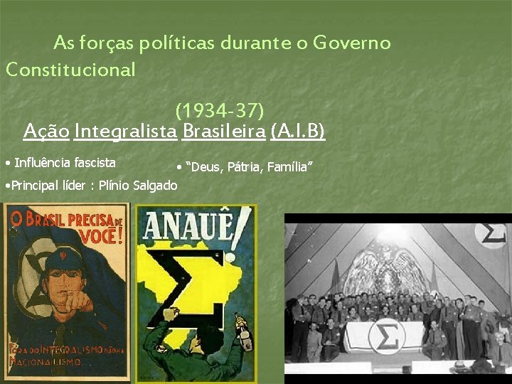 As forças políticas durante o Governo Constitucional (1934 -37) Ação Integralista Brasileira (A. I.