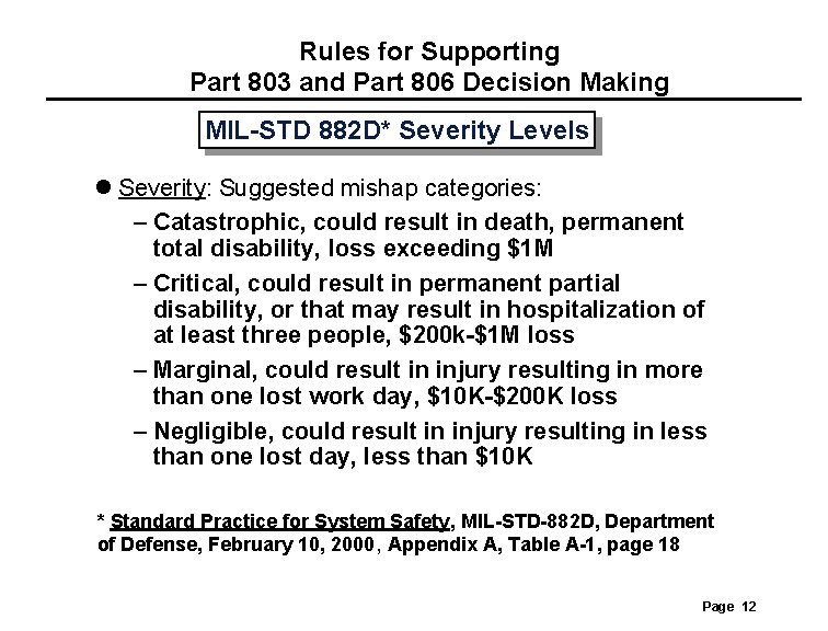Rules for Supporting Part 803 and Part 806 Decision Making MIL-STD 882 D* Severity Rules for Supporting Part 803 and Part 806 Decision Making MIL-STD 882 D* Severity