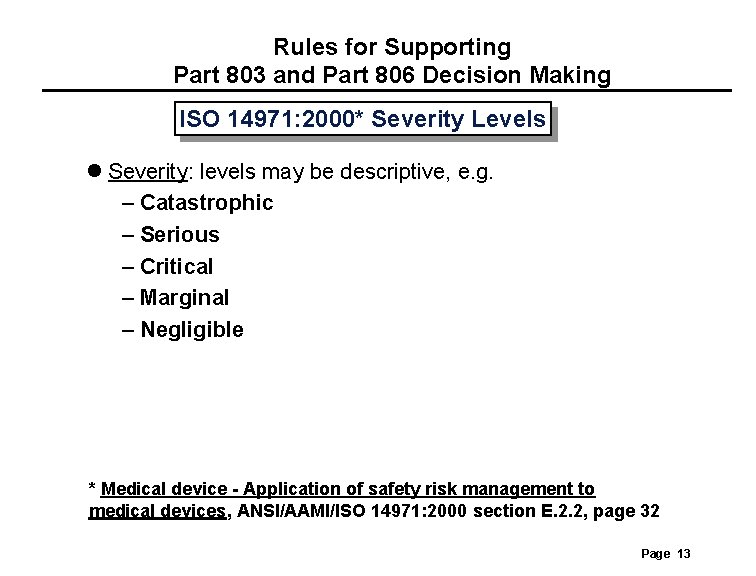 Rules for Supporting Part 803 and Part 806 Decision Making ISO 14971: 2000* Severity Rules for Supporting Part 803 and Part 806 Decision Making ISO 14971: 2000* Severity