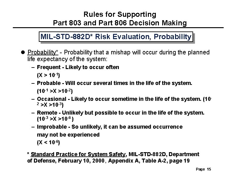 Rules for Supporting Part 803 and Part 806 Decision Making MIL-STD-882 D* Risk Evaluation, Rules for Supporting Part 803 and Part 806 Decision Making MIL-STD-882 D* Risk Evaluation,