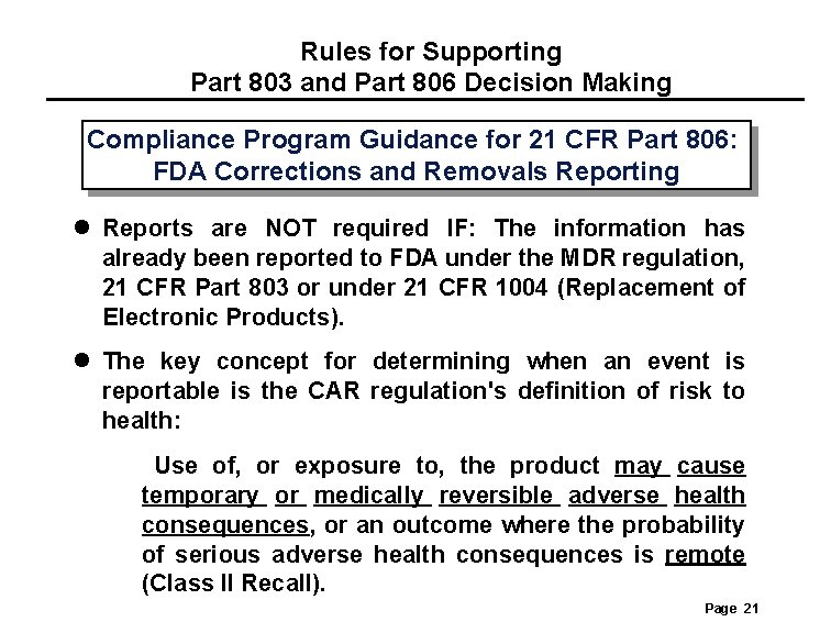 Rules for Supporting Part 803 and Part 806 Decision Making Compliance Program Guidance for Rules for Supporting Part 803 and Part 806 Decision Making Compliance Program Guidance for