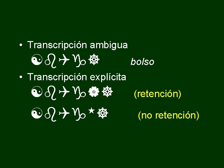  • Transcripción ambigua [b. Qg] bolso • Transcripción explícita [b. Qg ] (retención)