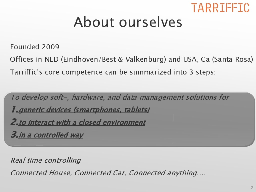 About ourselves Founded 2009 Offices in NLD (Eindhoven/Best & Valkenburg) and USA, Ca (Santa