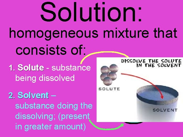 Solution: homogeneous mixture that consists of: 1. Solute - substance being dissolved 2. Solvent