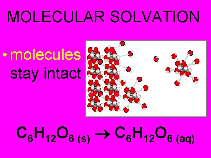 MOLECULAR SOLVATION • molecules stay intact C 6 H 12 O 6 (s) C