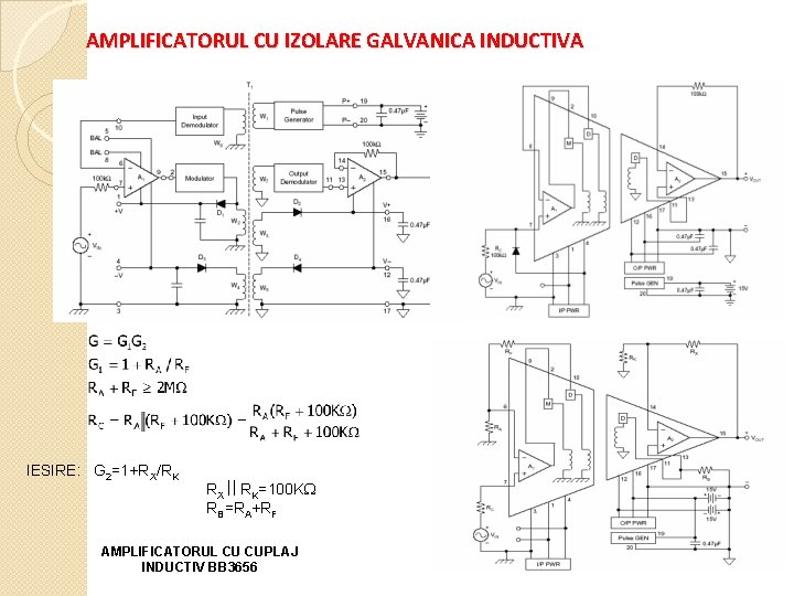 AMPLIFICATORUL CU IZOLARE GALVANICA INDUCTIVA IESIRE: G 2=1+RX/RK RX RK=100 K RB=RA+RF AMPLIFICATORUL CU