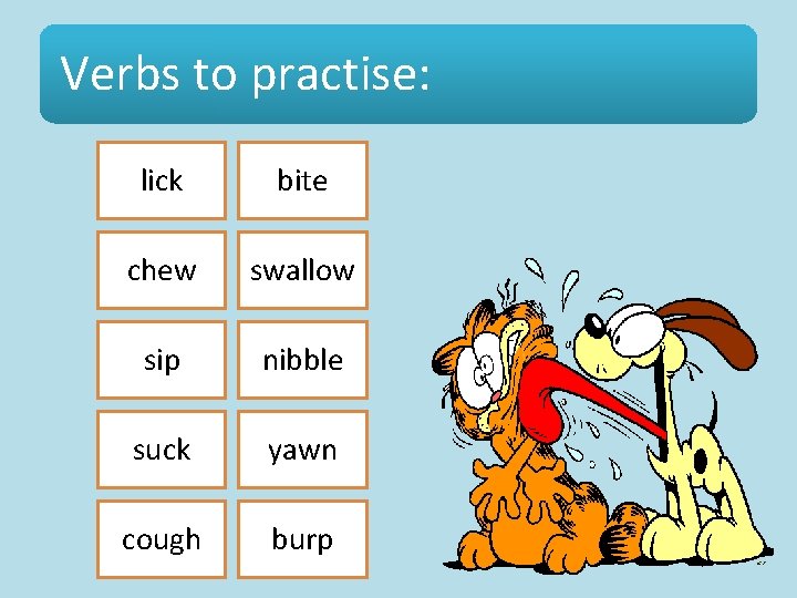 Verbs to practise: lick bite chew swallow sip nibble suck yawn cough burp 