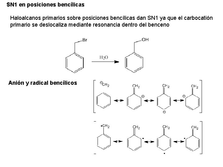 SN 1 en posiciones bencílicas Haloalcanos primarios sobre posiciones bencílicas dan SN 1 ya