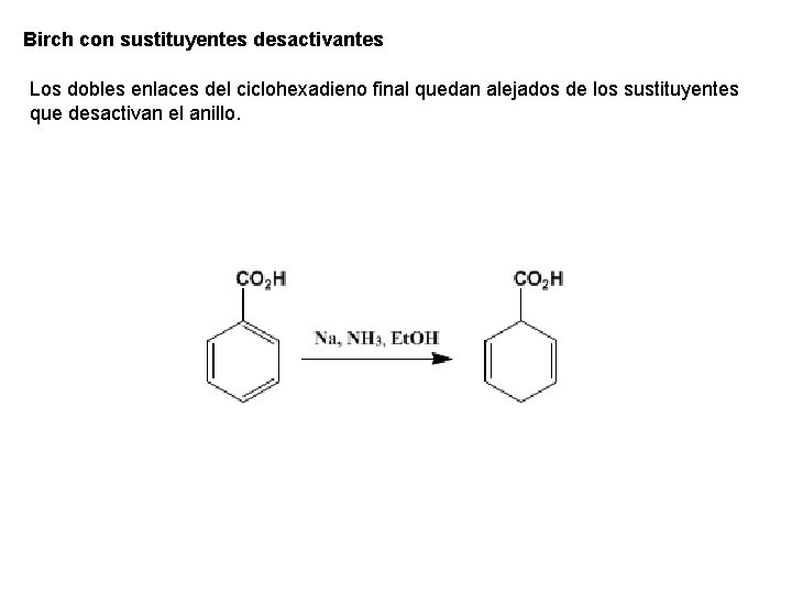 Birch con sustituyentes desactivantes Los dobles enlaces del ciclohexadieno final quedan alejados de los