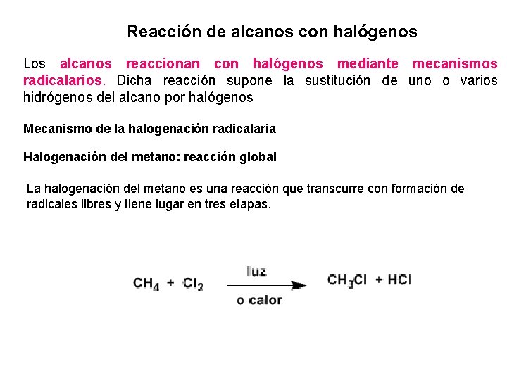 Reacción de alcanos con halógenos Los alcanos reaccionan con halógenos mediante mecanismos radicalarios. Dicha