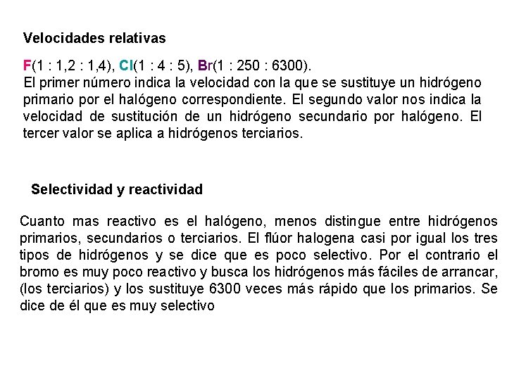 Velocidades relativas F(1 : 1, 2 : 1, 4), Cl(1 : 4 : 5),