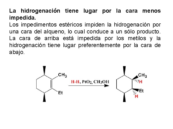 La hidrogenación tiene lugar por la cara menos impedida. Los impedimentos estéricos impiden la