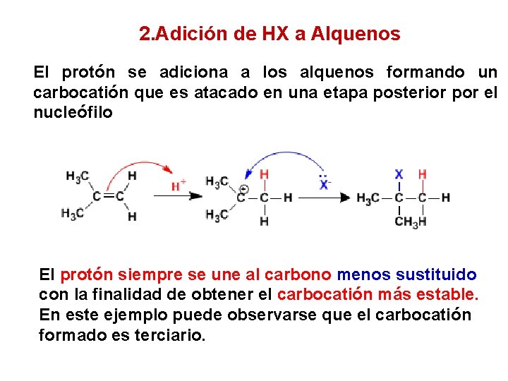 2. Adición de HX a Alquenos El protón se adiciona a los alquenos formando