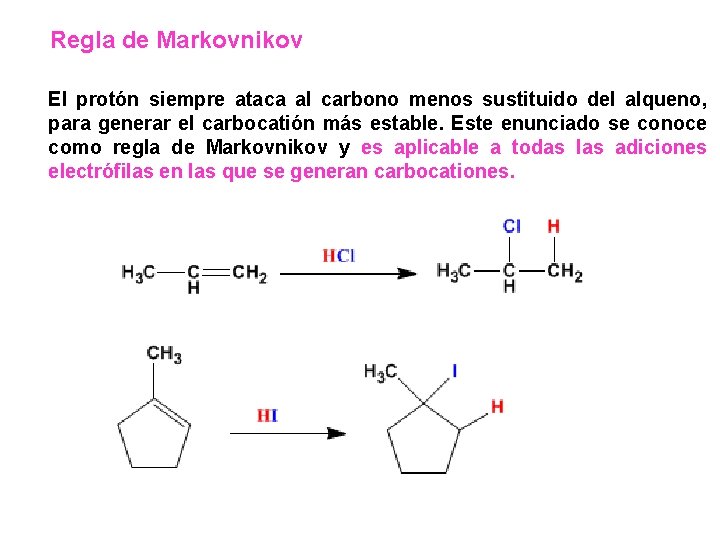 Regla de Markovnikov El protón siempre ataca al carbono menos sustituido del alqueno, para