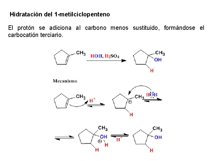 Hidratación del 1 -metilciclopenteno El protón se adiciona al carbono menos sustituido, formándose el