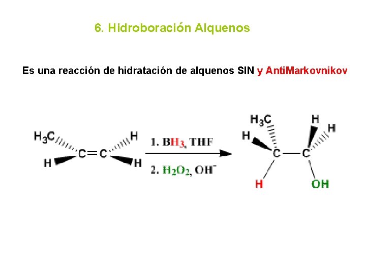 6. Hidroboración Alquenos Es una reacción de hidratación de alquenos SIN y Anti. Markovnikov
