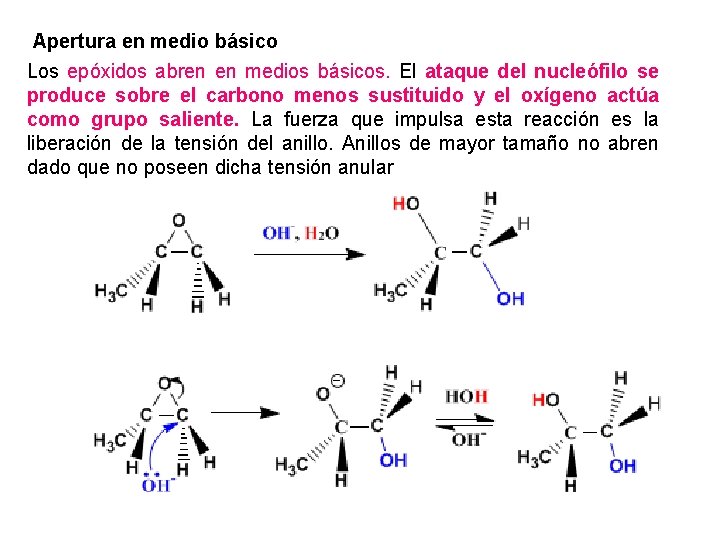 Apertura en medio básico Los epóxidos abren en medios básicos. El ataque del nucleófilo