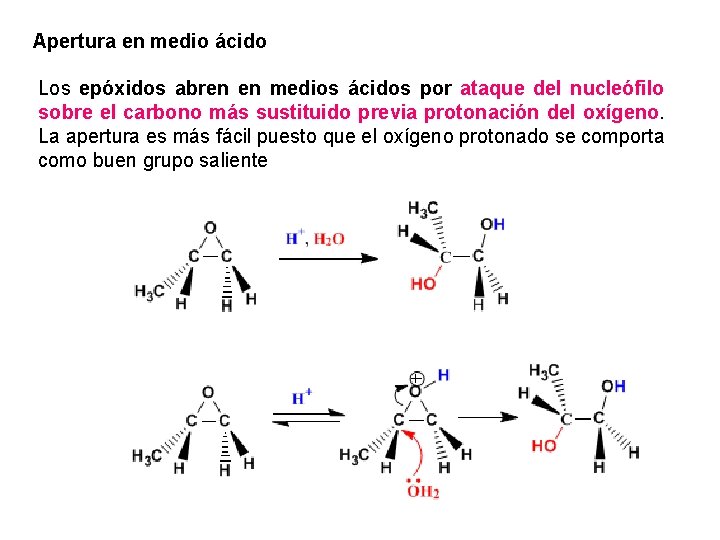 Apertura en medio ácido Los epóxidos abren en medios ácidos por ataque del nucleófilo
