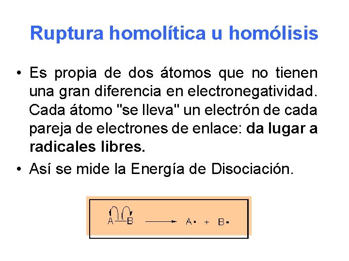Ruptura homolítica u homólisis • Es propia de dos átomos que no tienen una