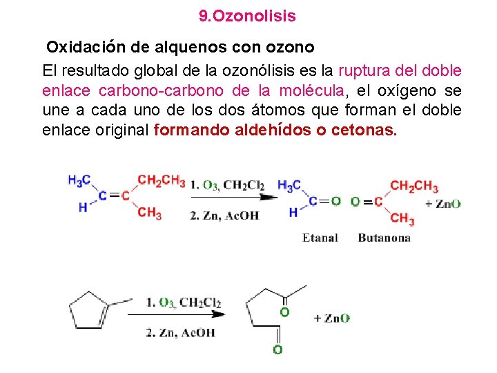 9. Ozonolisis Oxidación de alquenos con ozono El resultado global de la ozonólisis es