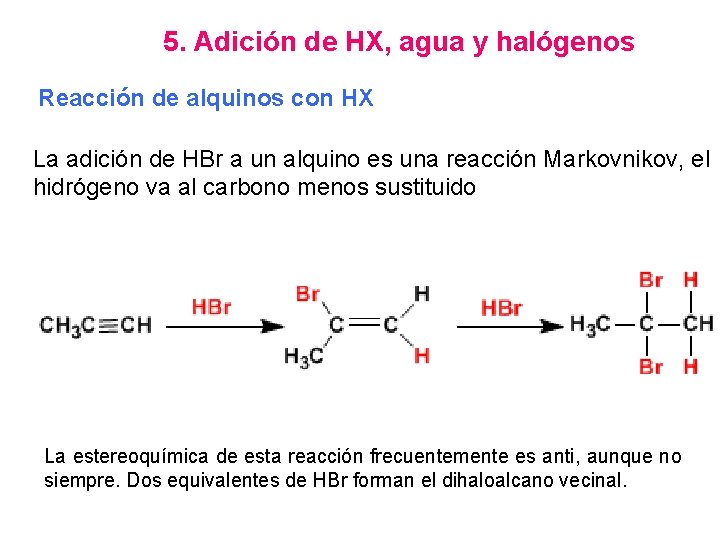5. Adición de HX, agua y halógenos Reacción de alquinos con HX La adición