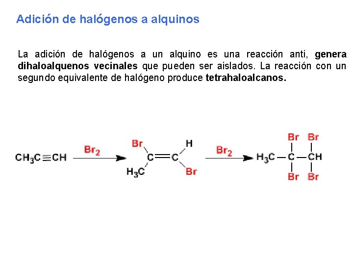 Adición de halógenos a alquinos La adición de halógenos a un alquino es una