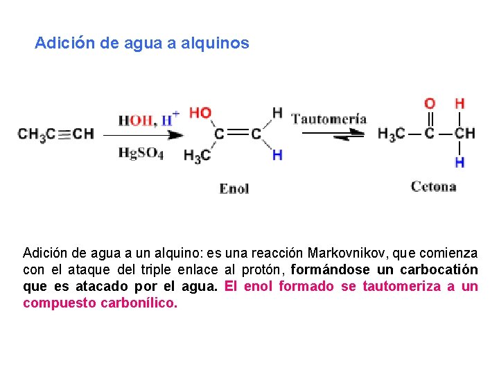 Adición de agua a alquinos Adición de agua a un alquino: es una reacción