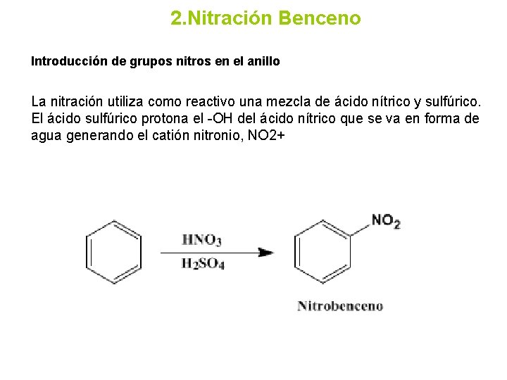 2. Nitración Benceno Introducción de grupos nitros en el anillo La nitración utiliza como