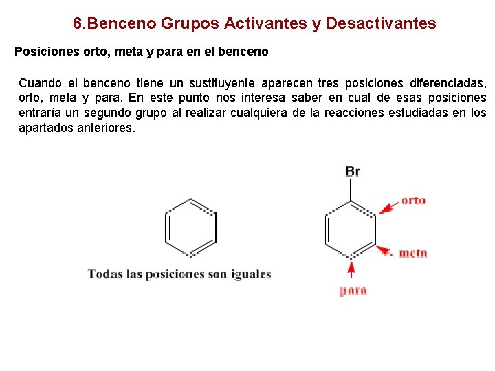 6. Benceno Grupos Activantes y Desactivantes Posiciones orto, meta y para en el benceno