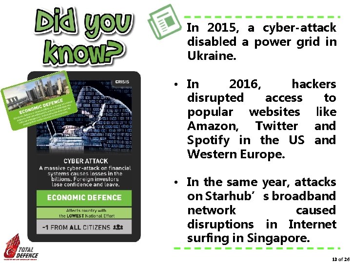  • In 2015, a cyber-attack disabled a power grid in Ukraine. • In