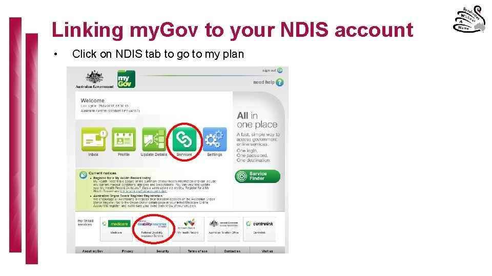 Linking my. Gov to your NDIS account • Click on NDIS tab to go