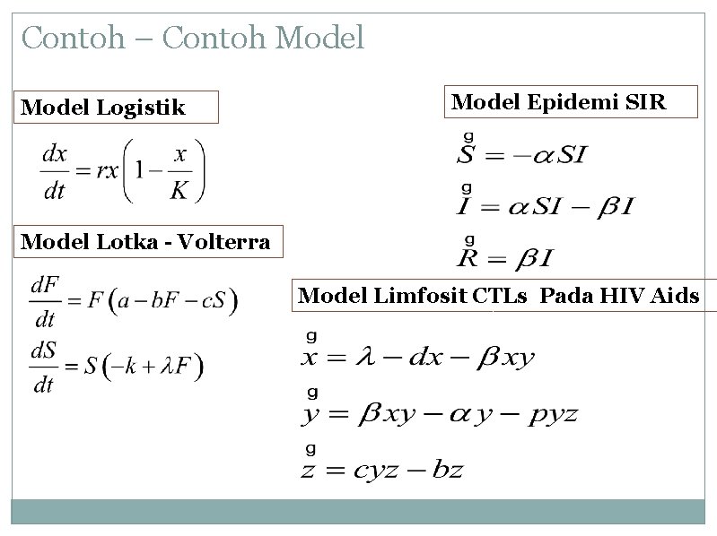 Contoh – Contoh Model Logistik Model Epidemi SIR Model Lotka - Volterra Model Limfosit