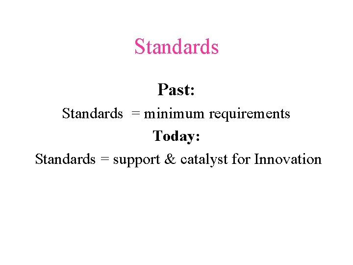 Standards Past: Standards = minimum requirements Today: Standards = support & catalyst for Innovation