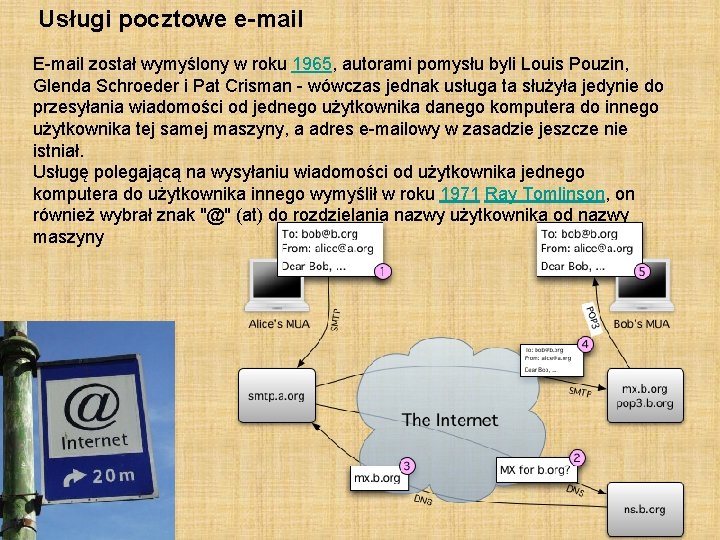 Usługi pocztowe e-mail E-mail został wymyślony w roku 1965, autorami pomysłu byli Louis Pouzin,