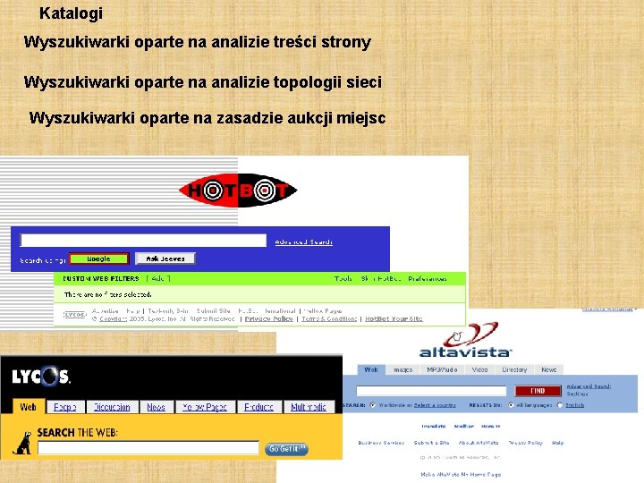 Katalogi Wyszukiwarki oparte na analizie treści strony Wyszukiwarki oparte na analizie topologii sieci Wyszukiwarki