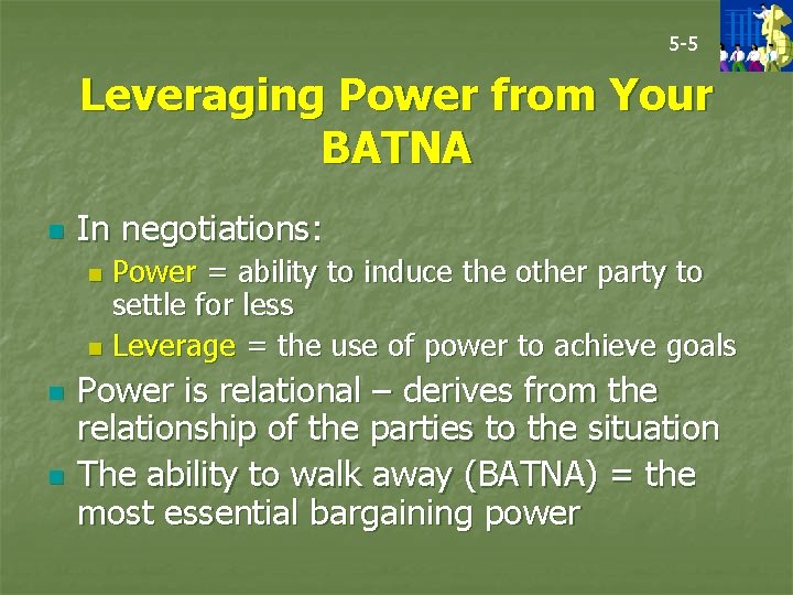 5 -5 Leveraging Power from Your BATNA n In negotiations: Power = ability to