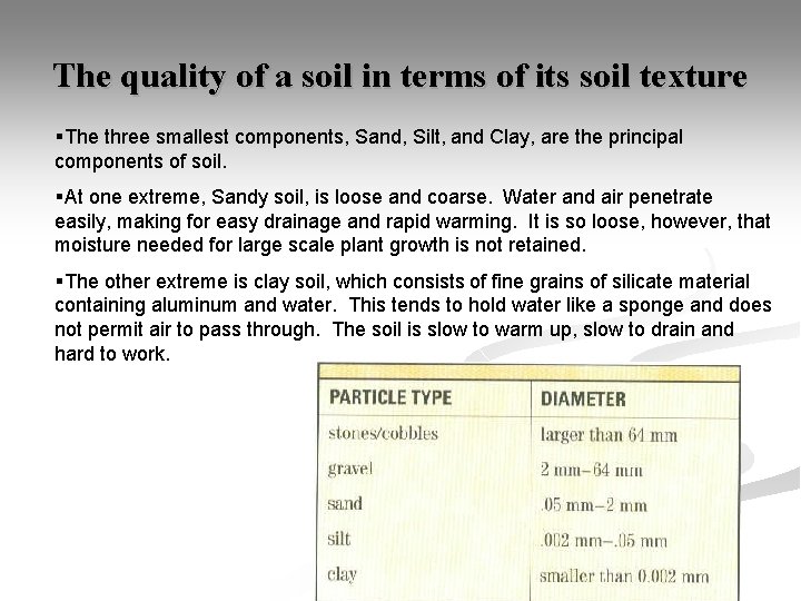 The quality of a soil in terms of its soil texture §The three smallest