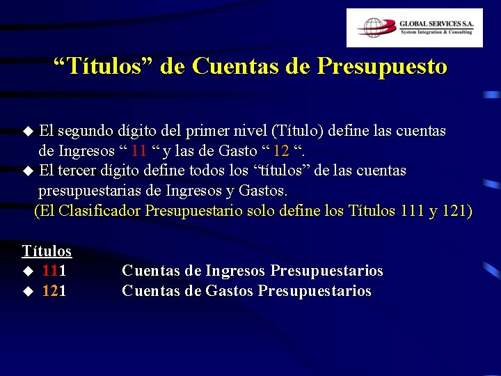 “Títulos” de Cuentas de Presupuesto El segundo dígito del primer nivel (Título) define las