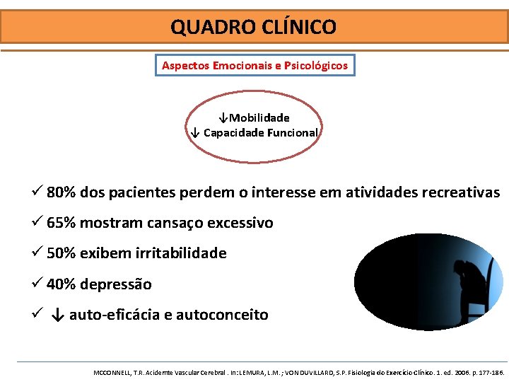 QUADRO CLÍNICO Aspectos Emocionais e Psicológicos ↓Mobilidade ↓ Capacidade Funcional ü 80% dos pacientes