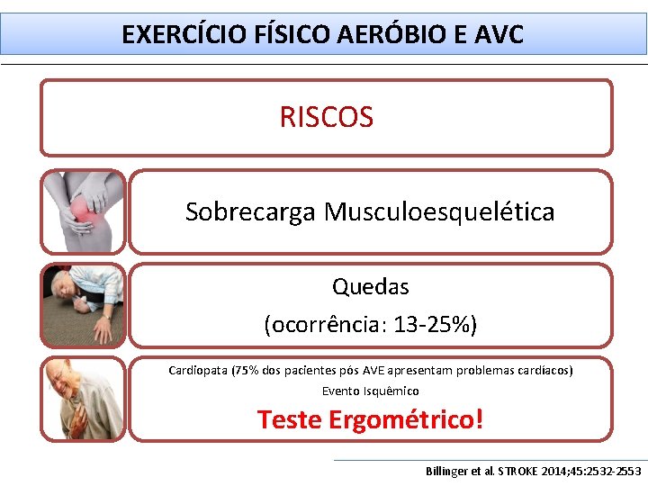 EXERCÍCIO FÍSICO AERÓBIO E AVC RISCOS Sobrecarga Musculoesquelética Quedas (ocorrência: 13 -25%) Cardiopata (75%