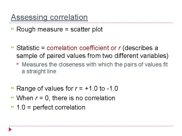 Assessing correlation Rough measure = scatter plot Statistic = correlation coefficient or r (describes