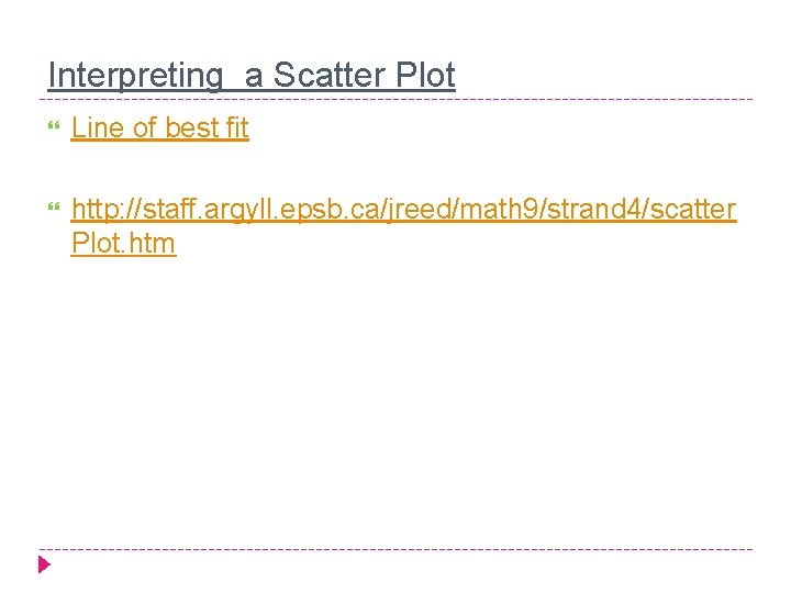 Interpreting a Scatter Plot Line of best fit http: //staff. argyll. epsb. ca/jreed/math 9/strand