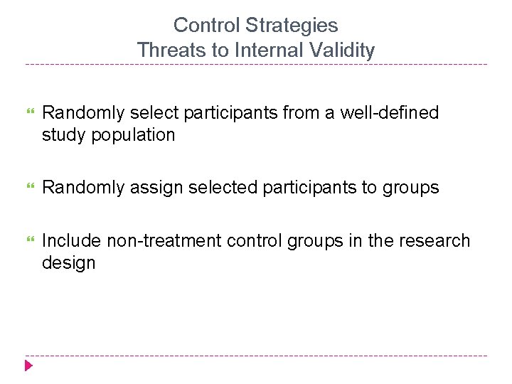 Control Strategies Threats to Internal Validity Randomly select participants from a well-defined study population