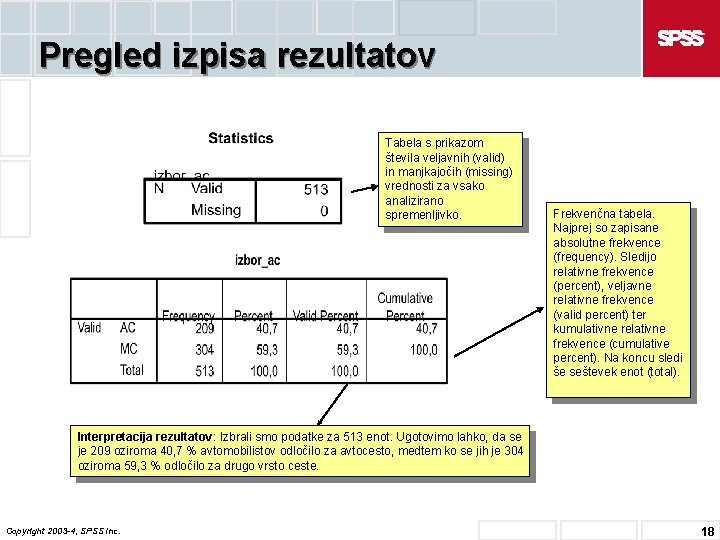 Pregled izpisa rezultatov Tabela s prikazom števila veljavnih (valid) in manjkajočih (missing) vrednosti za