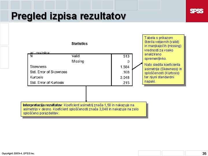 Pregled izpisa rezultatov Tabela s prikazom števila veljavnih (valid) in manjkajočih (missing) vrednosti za