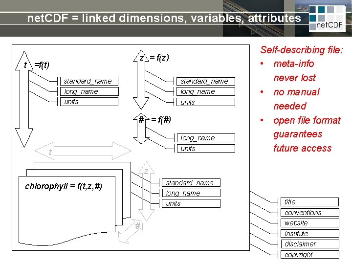 net. CDF = linked dimensions, variables, attributes z = f(z) t =f(t) standard_name long_name