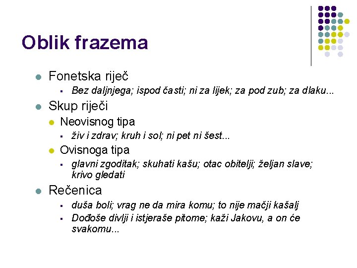 Oblik frazema l Fonetska riječ § l Skup riječi l Neovisnog tipa § l Oblik frazema l Fonetska riječ § l Skup riječi l Neovisnog tipa § l