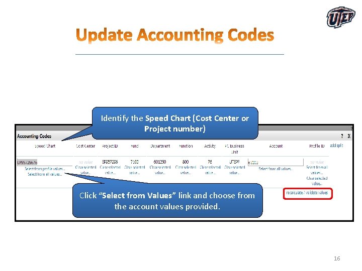 Identify the Speed Chart (Cost Center or Project number) Click “Select from Values” link Identify the Speed Chart (Cost Center or Project number) Click “Select from Values” link