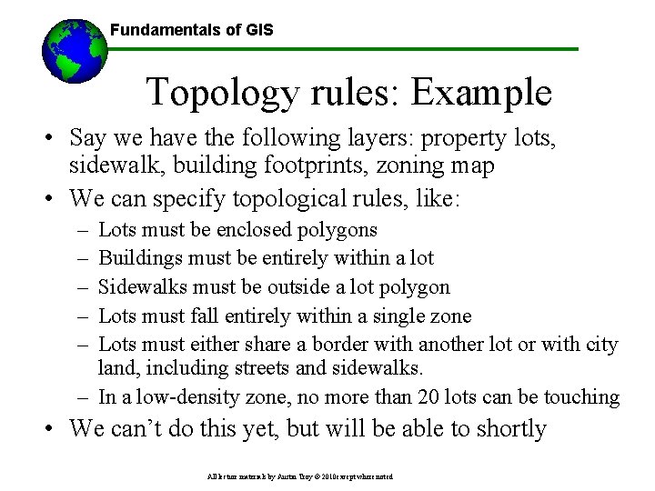 Fundamentals of GIS Topology rules: Example • Say we have the following layers: property